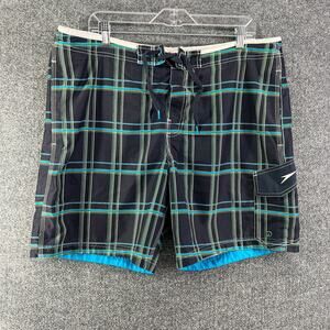 Speedo Swim Trunks Mens Large Black Blue Plaid Comfort Drawstring Lined
